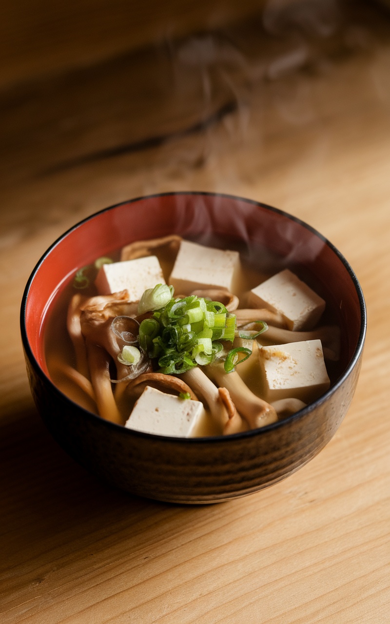 A bowl of miso soup with shimeji mushrooms and tofu, garnished with green onions on a wooden table.